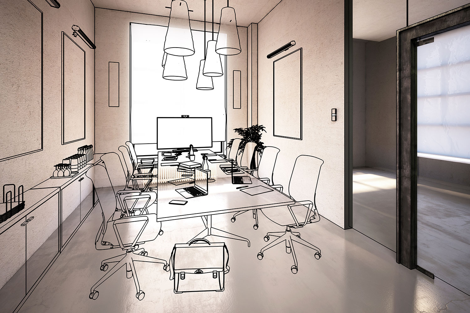 Ein moderner Konferenzraum, in dem Realität und Skizze verschmelzen, ist mit Bürostühlen, einem langen Tisch mit Laptops, einem Monitor und Hängelampen ausgestattet. Der Raum ist hell, hat ein großes Fenster und ist minimalistisch eingerichtet.